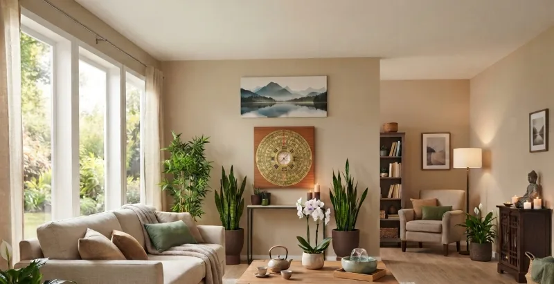 Professional workspace designed with Feng Shui principles featuring a clean desk, water element décor, plants, and balanced lighting.